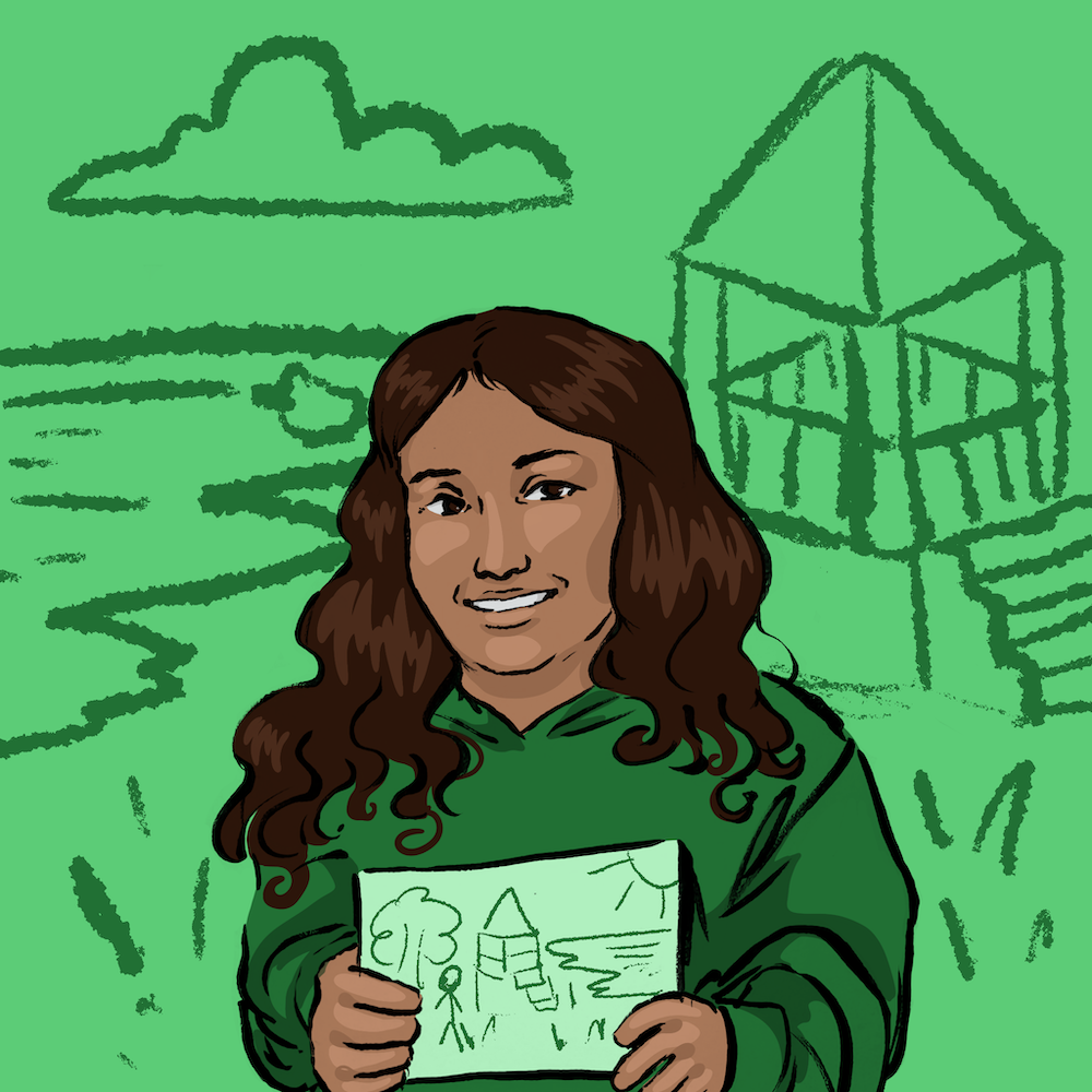 Illustrated profile highlighting the person speaking - in full color with a background of green with stick drawings of their dream park description.