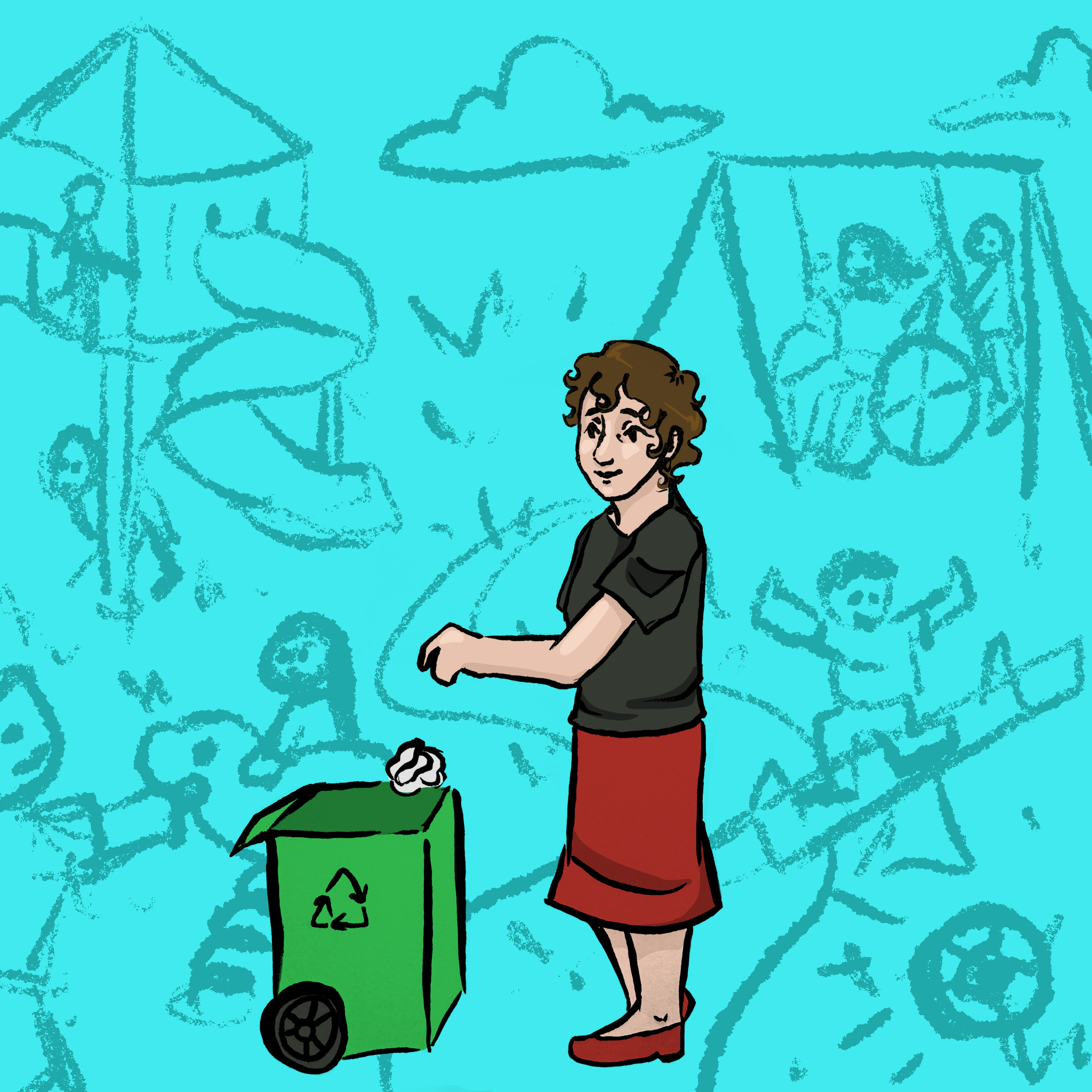 Perfil ilustrado que destaca a la persona que habla: a todo color, con un fondo de color y dibujos esquemáticos que representan el parque de sus sueños.
