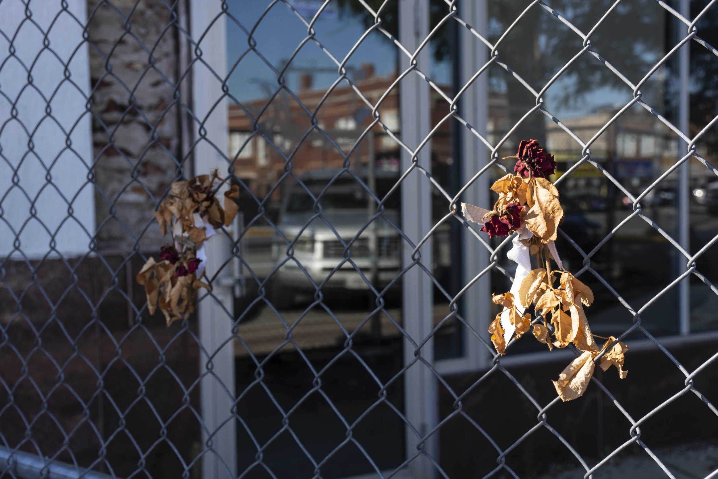  Señora Carmen left a sign near a fenced-up and vacant building near 58th Ct. / Cermak Rd., apologizing for trespassing so she can pick up the piled-up trash. She also left behind flowers. The sign was taken down but the flowers remained on the fence