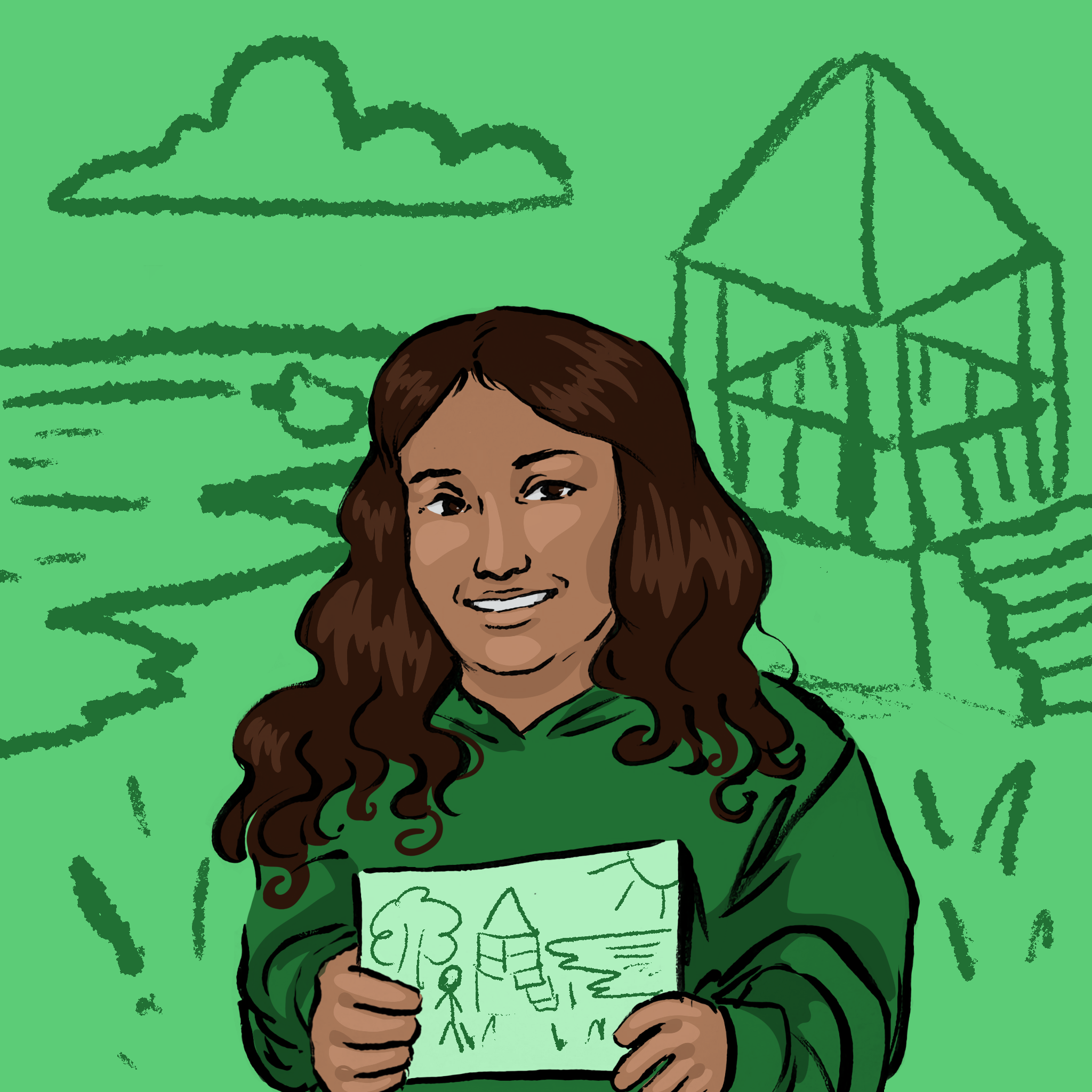 Perfil ilustrado que destaca a la persona que habla: a todo color, con un fondo verde y dibujos esquemáticos que representan el parque de sus sueños.