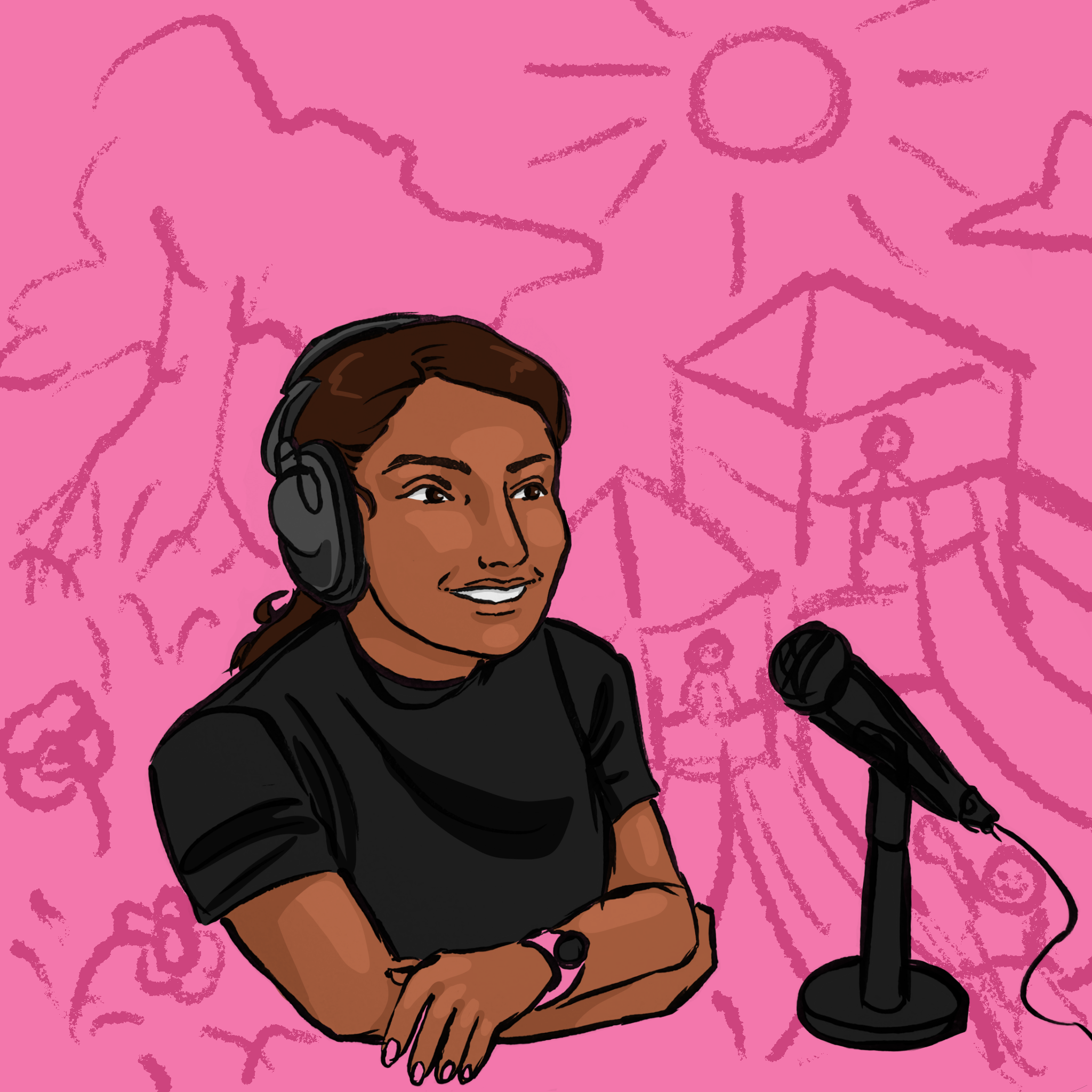 Illustrated profile highlighting the person speaking - in full color with a background of pink with stick drawings of their dream park description.