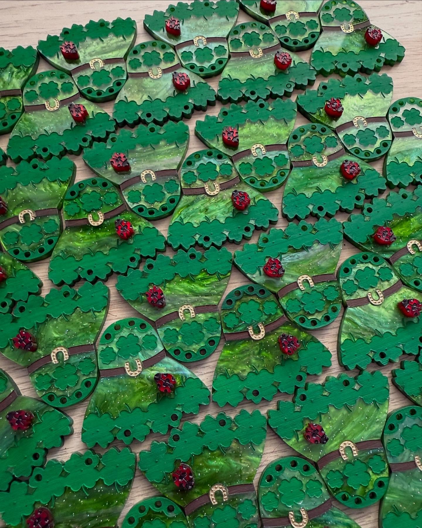 Lucky buddy season coming up, in new emerald swirl Perspex which looks like a green Milky Way up close AND with tiny red lucky ladybugs! Coming up Sunday 9th March at 8pm! #luckybunny #stpatricksday #cloverbunny #cloverbrooch #luckyladybug