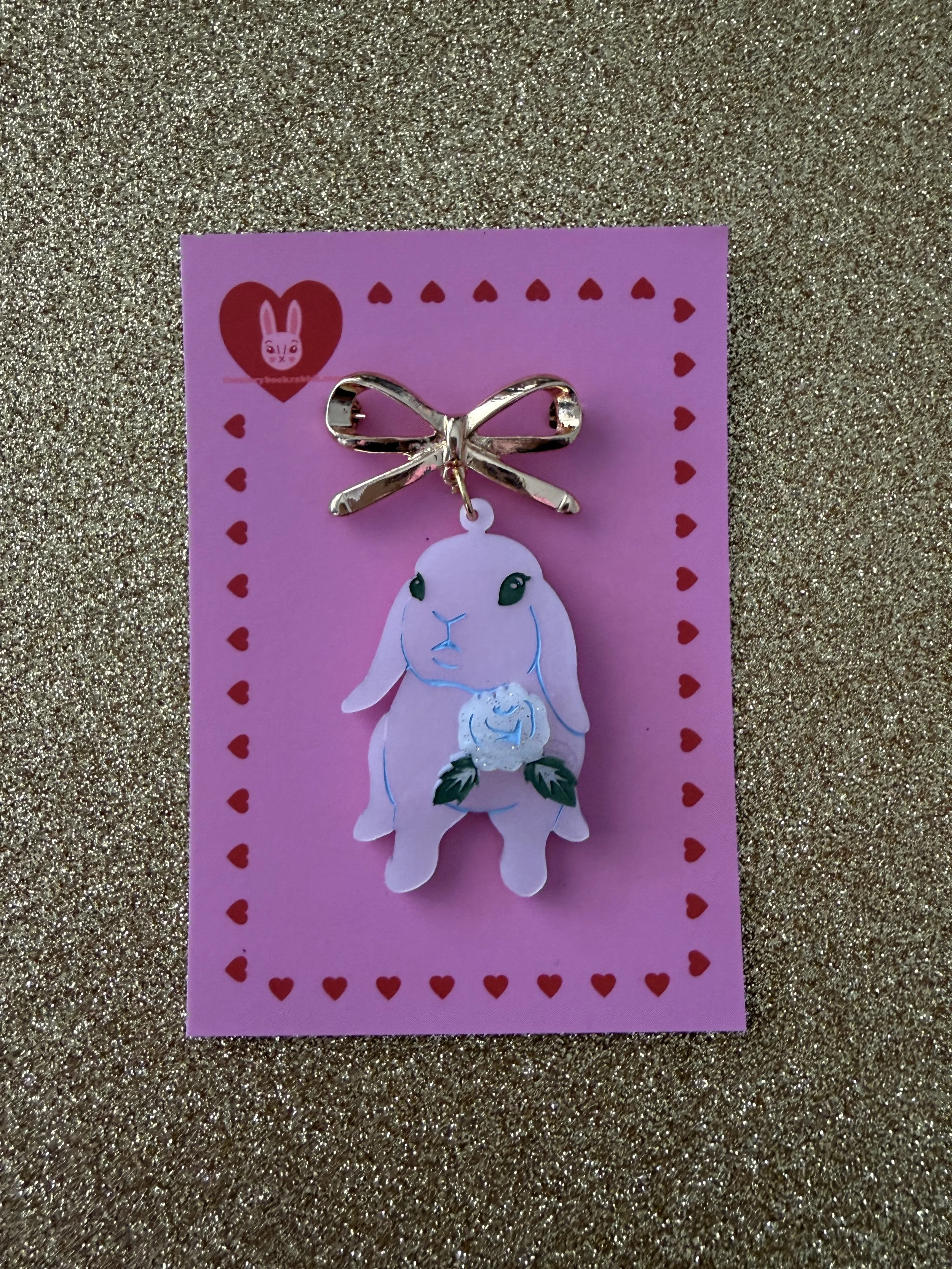 Lop Bunny Bow Brooch - Gold Bow Pale Pink Pearl Bunny Hand Made Laser Cut Limited Edition