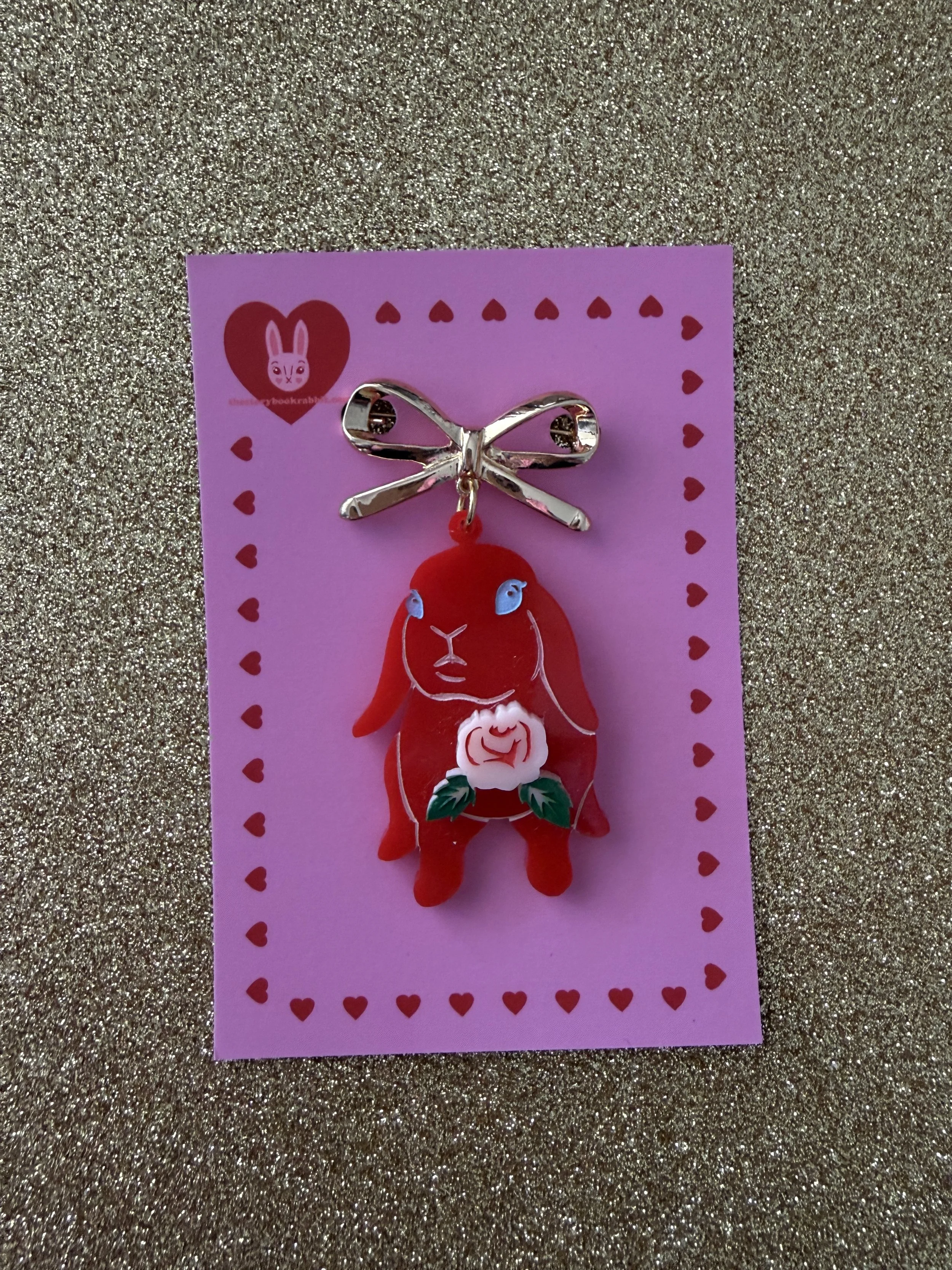 Lop Bunny Bow Brooch - Gold Bow Red Bunny Hand Made Laser Cut Limited Edition