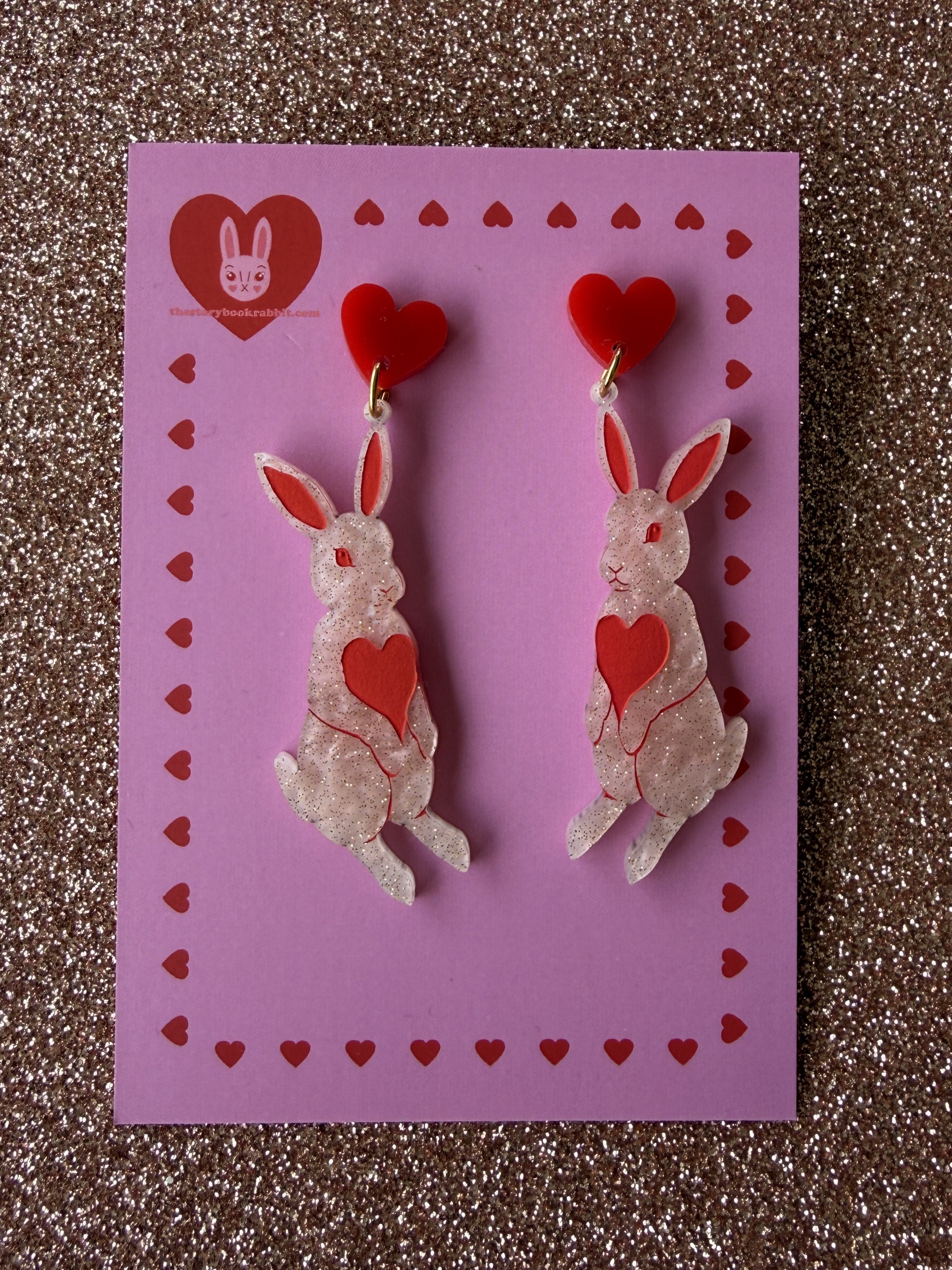 Rex Heart Bunny Dangle Earrings Smaller Rex Bunnies Pink Glitter with Red Hearts - Handmade Colourful Perspex Earrings