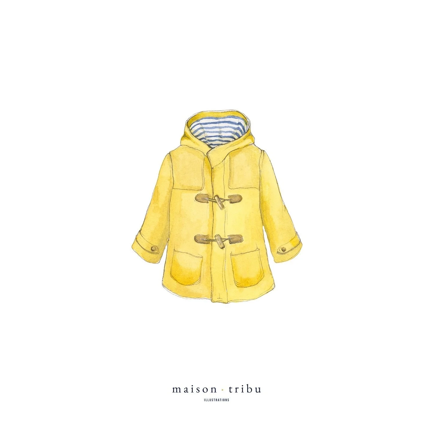 &bull; 💛J is voor Jas ~ J is voor Jacket 💙 this illustration was inspired by petit bateau&rsquo;s iconic children&rsquo;s rain jacket and I added some toggle coat details for good measure &bull; #maisontribu #petitbateau #togglecoat #watercolours