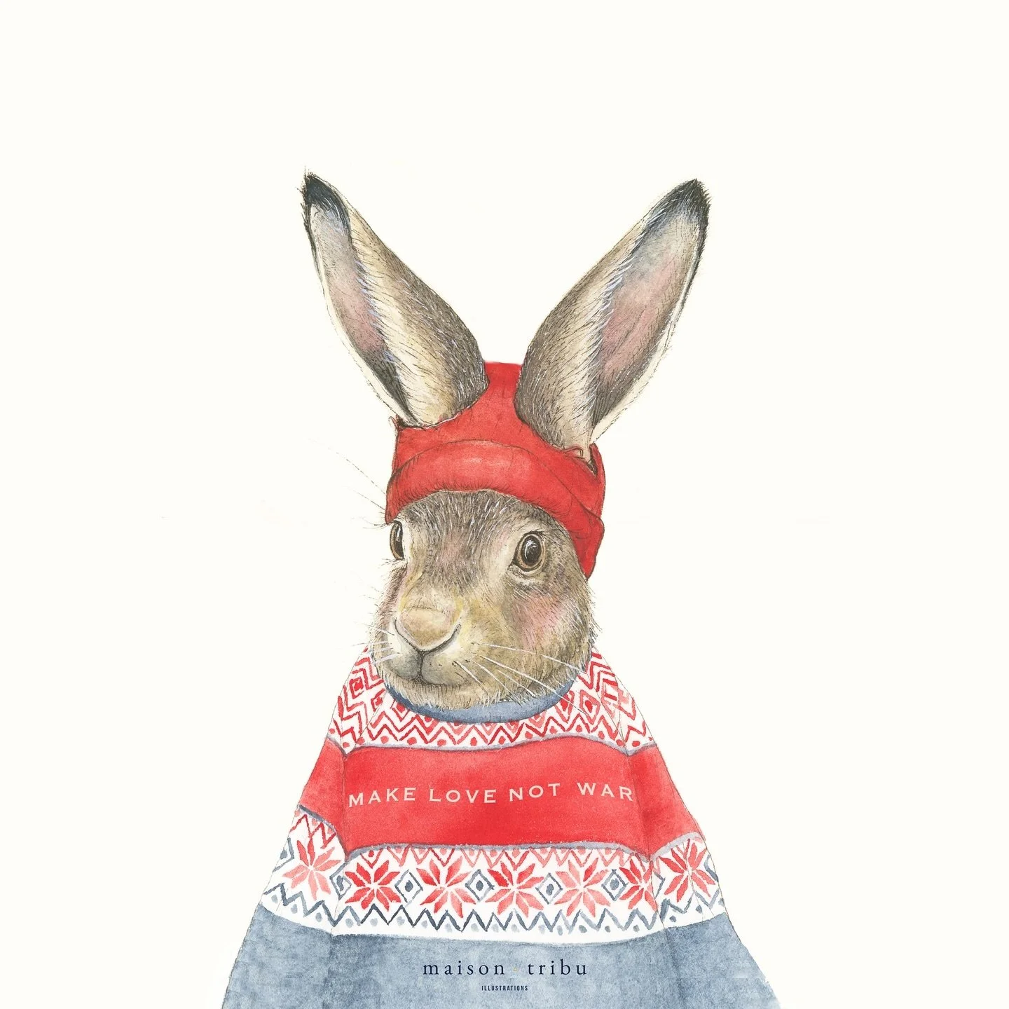 &bull; make love, not war ~ our favourite hare in his Christmas sweater spreading hope and sweetness during times of darkness &bull; #maisontribu #makelovenotwar #limitedprints #greetingcards #christmascards