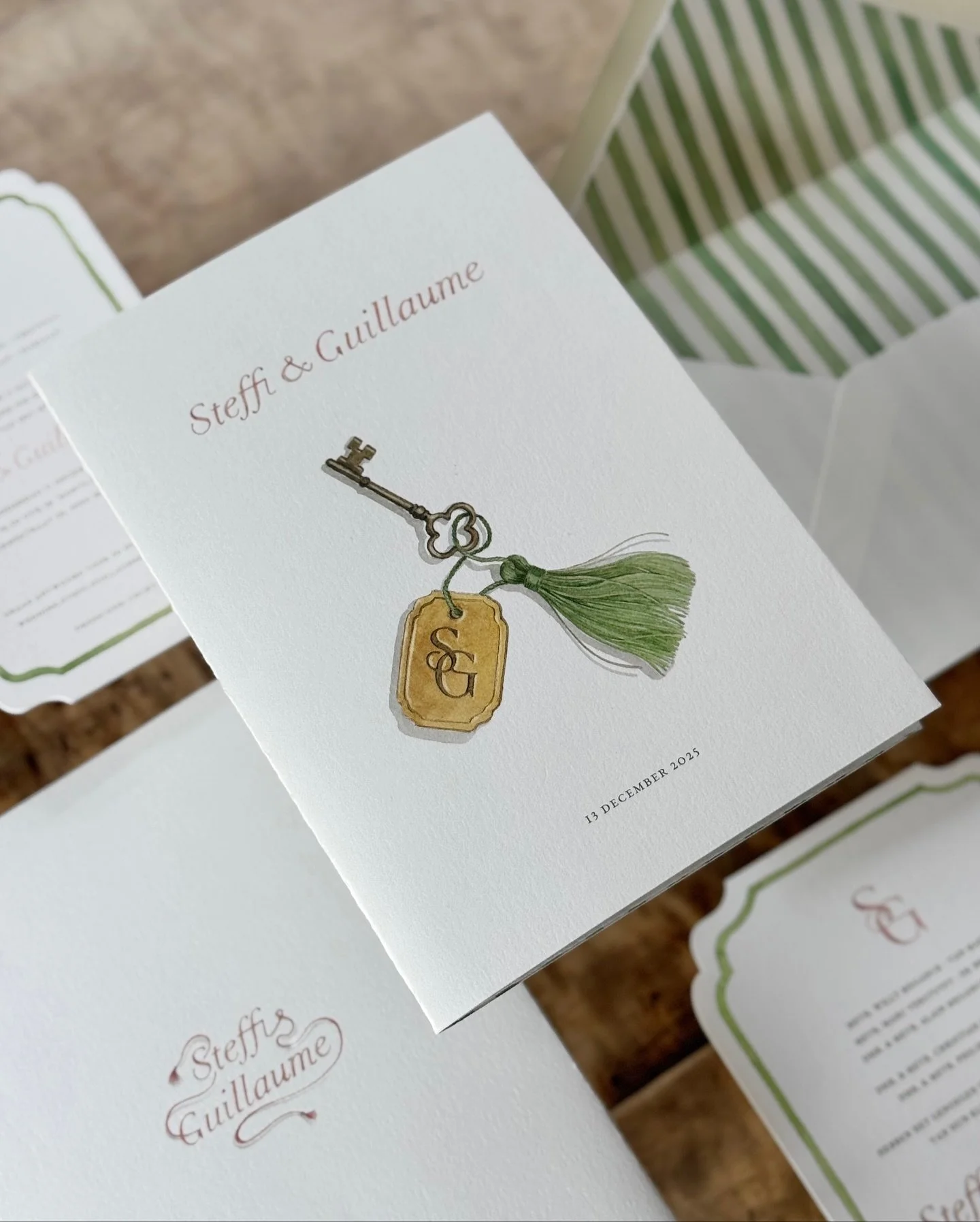 &bull; Winter wedding charm for ballerina Steffi and fianc&eacute; Guillaume ~ wedding stationery with a warm theatrical touch, softened with quiet tones, simple yet chic patterns, and a key symbolising the beginning of their next act together ~ work