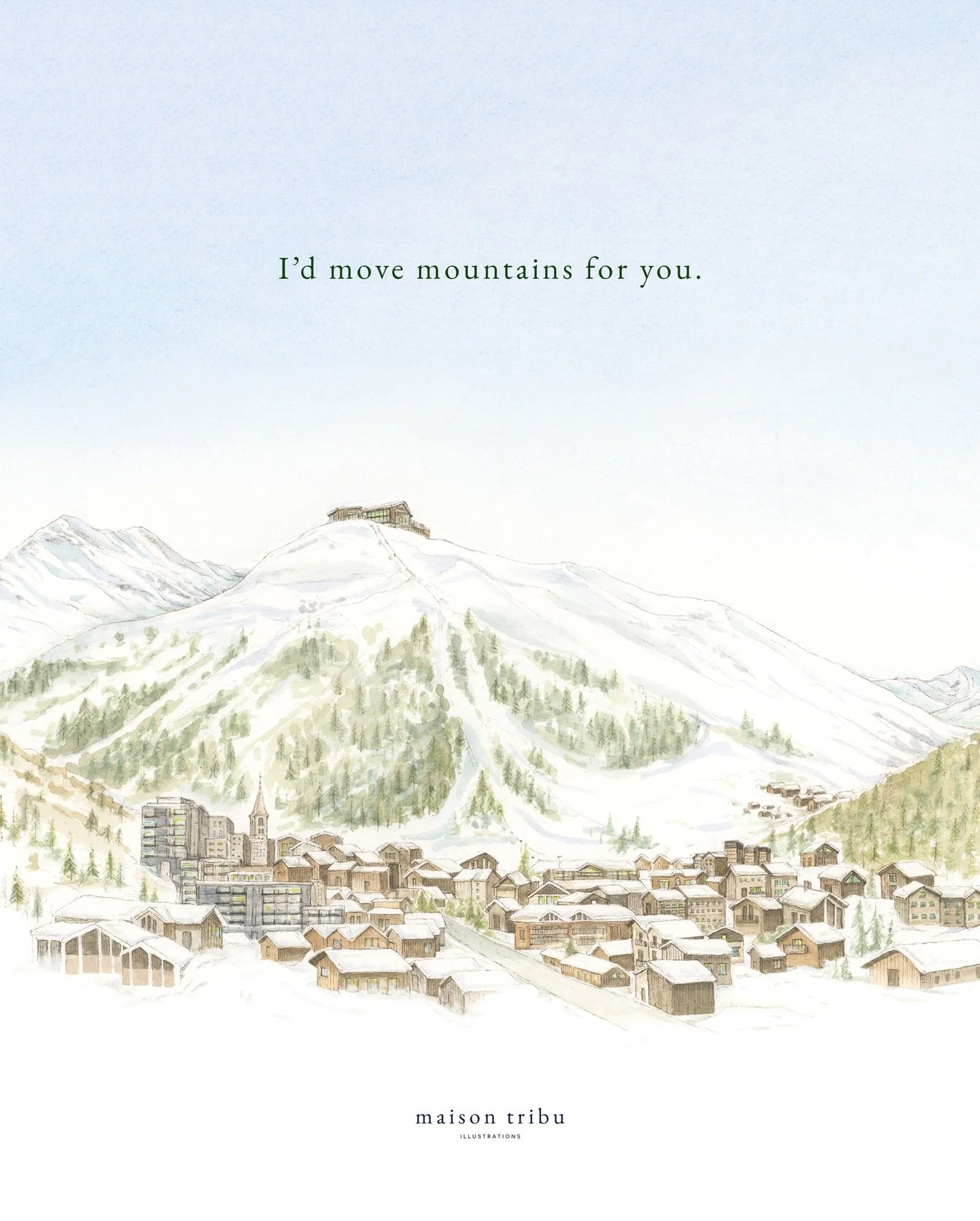 &bull; I&rsquo;d move mountains for you ~ A little throw back to 2022 when I painted the valley of Val-d&rsquo;Is&egrave;re for Axelle and Emile&rsquo;s wedding invitation @despiegelaereaxelle @maxim💙 &bull; #maisontribu #weddingstationerydesign #we