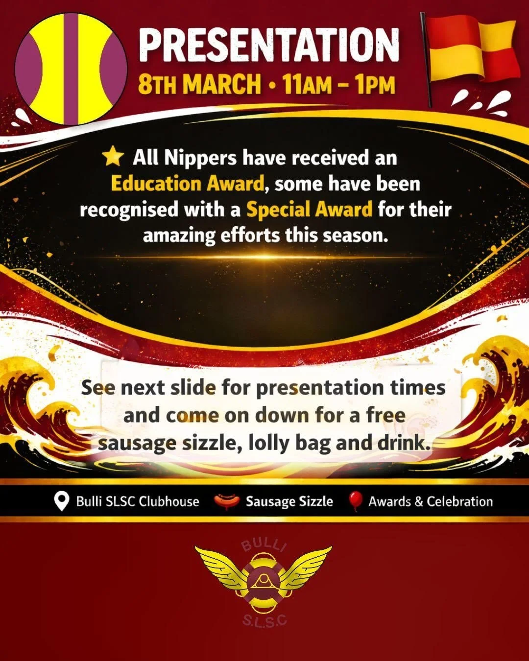 Nippers Presentation this Sunday! Check out the times for your age group, come down, grab a free sausage sangga and drink and get your awards!

Unfortunately due to predicted weather, Nipper Club Championships have been cancelled 😢

#bullislsc #maro