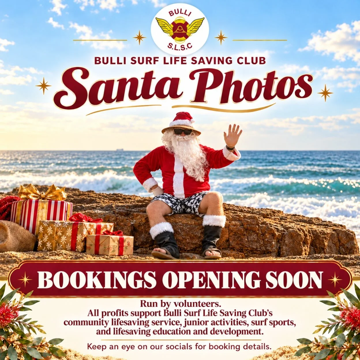 🎅He&rsquo;s back at Bulli!

Bookings for Bulli SLSC&rsquo;s Santa photos open soon, get ready to capture a little Christmas magic by the ocean.

Run by volunteers, all profits support Bulli SLSC&rsquo;s community lifesaving service, junior activitie