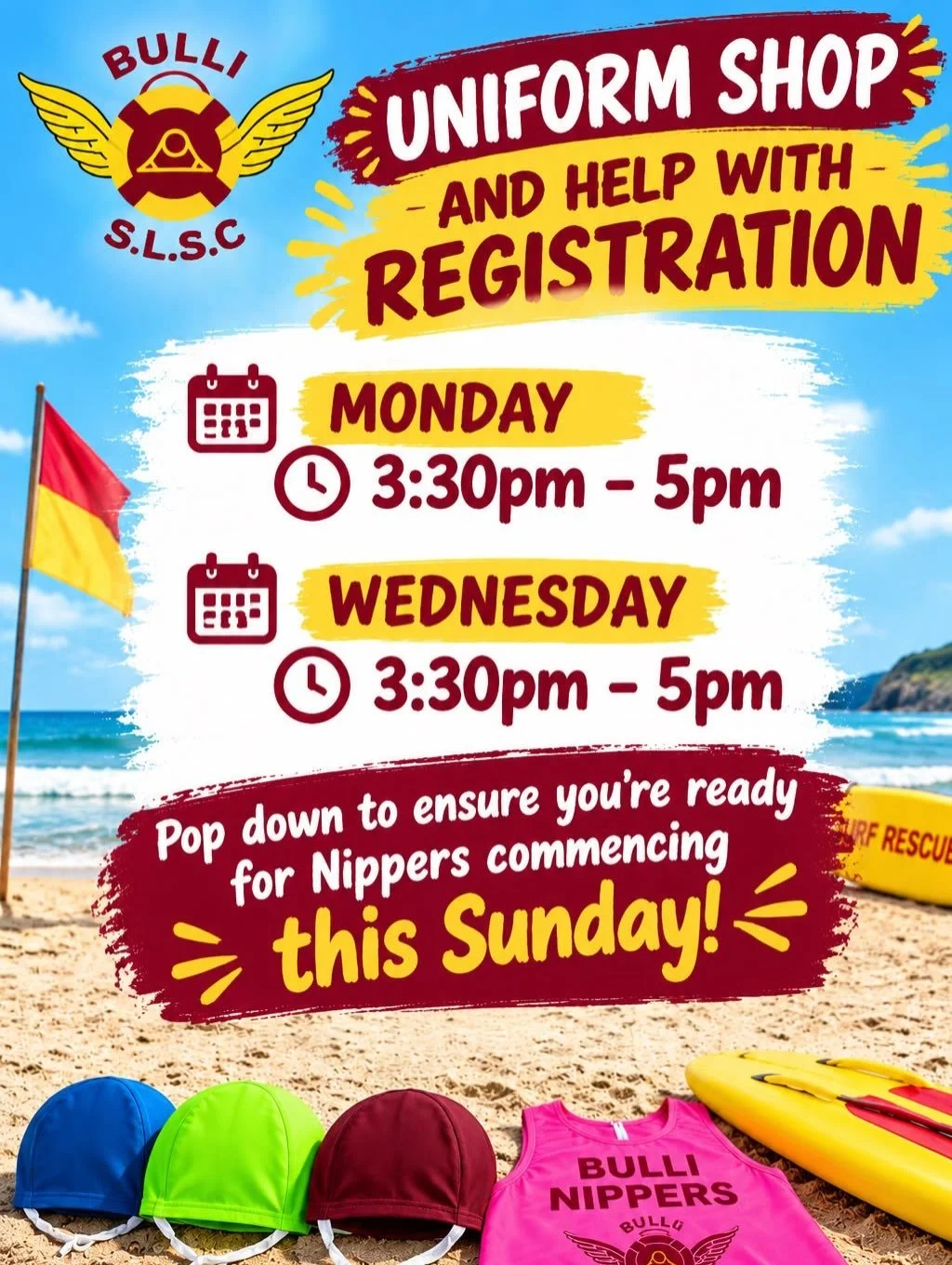 Need caps, rashies, hooded towels, cossies or help with registration to be ready for nippers on Sunday?  Come down to club  this afternoon - shop will be open 330om-5pm!