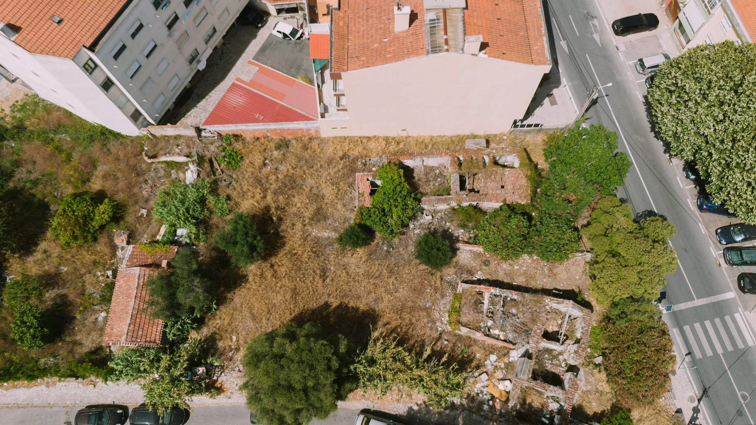 An aerial view of a vacant lot with overgrown grass and scattered debris, bordered by residential buildings, trees, and a street with parked cars and a crosswalk.