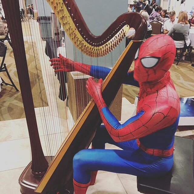 It&rsquo;s always nice to have backup if you&rsquo;re getting tired at a gig, thanks Spider-Man. #harp #thecoastalharpist #practicalharpist #nighttoshine2020 @mrjoshholt