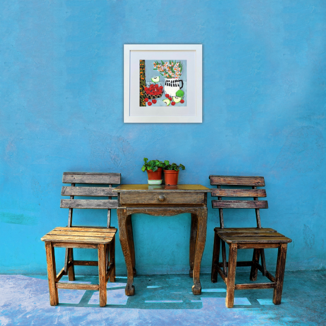 Little Narcissus and cherries on wall.png