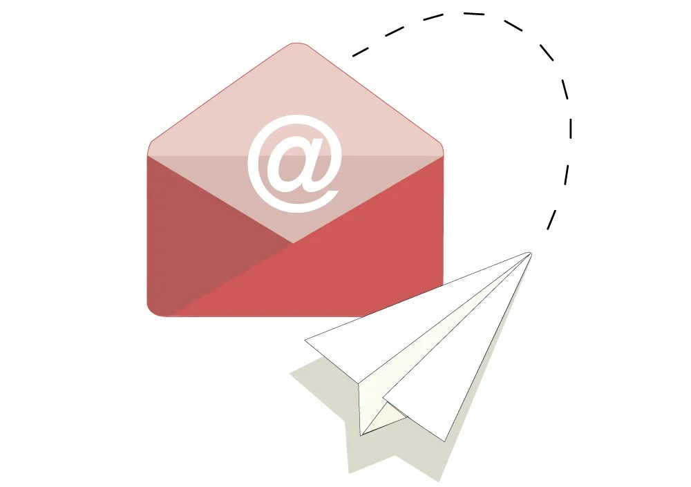 A paper airplane is flying into an envelope with an @ symbol on it.