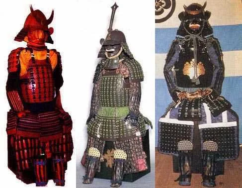 Three armours of the late 16th century. All are ni-mai dō (clamshell armours).
