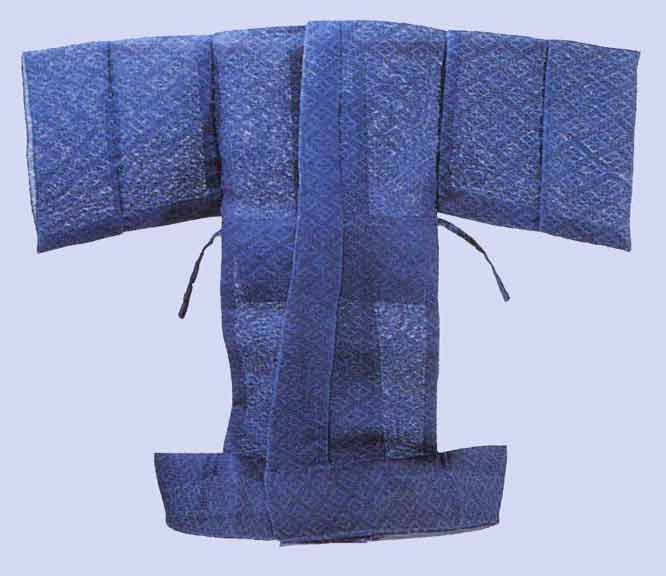 Front of a blue, patterned, unlined summer nōshi.