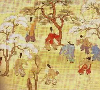 Aristocrats playing kemari . (The ball is at the upper right.)