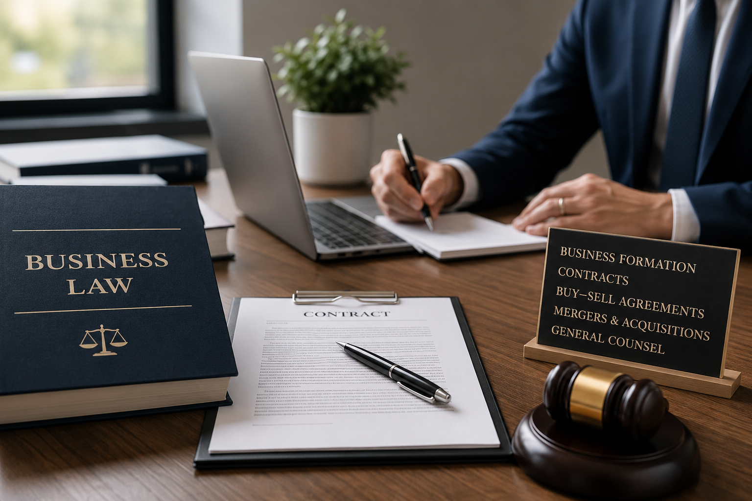 Business attorney reviewing contracts and drafting legal documents at a modern office desk, representing North Carolina business formation, contract drafting, business acquisitions, and fractional general counsel services.