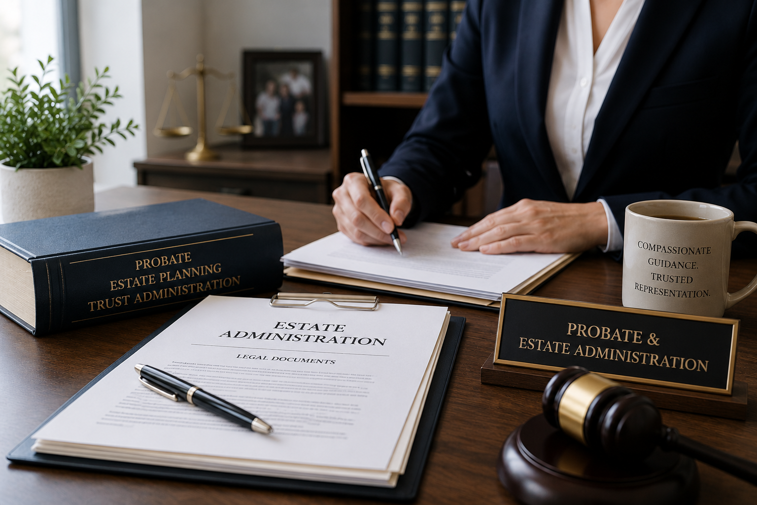 Probate attorney reviewing estate administration documents in a modern office, representing North Carolina probate, trust administration, and estate settlement services.