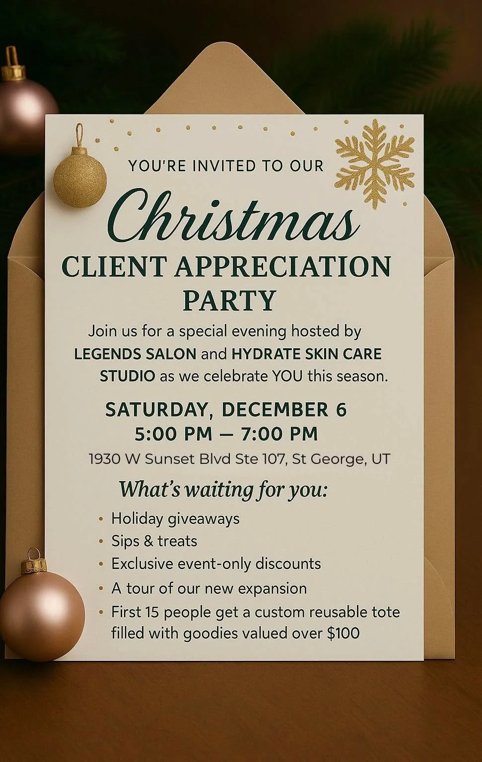 Hi friends!
We are having a holiday Client appreciation party! Tomorrow is the day, Saturday, December 6 from 5 to 7 PM. Everyone is invited whether you are a client or not, come and see us!￼

We are having party exclusive discounts on clothing, prod