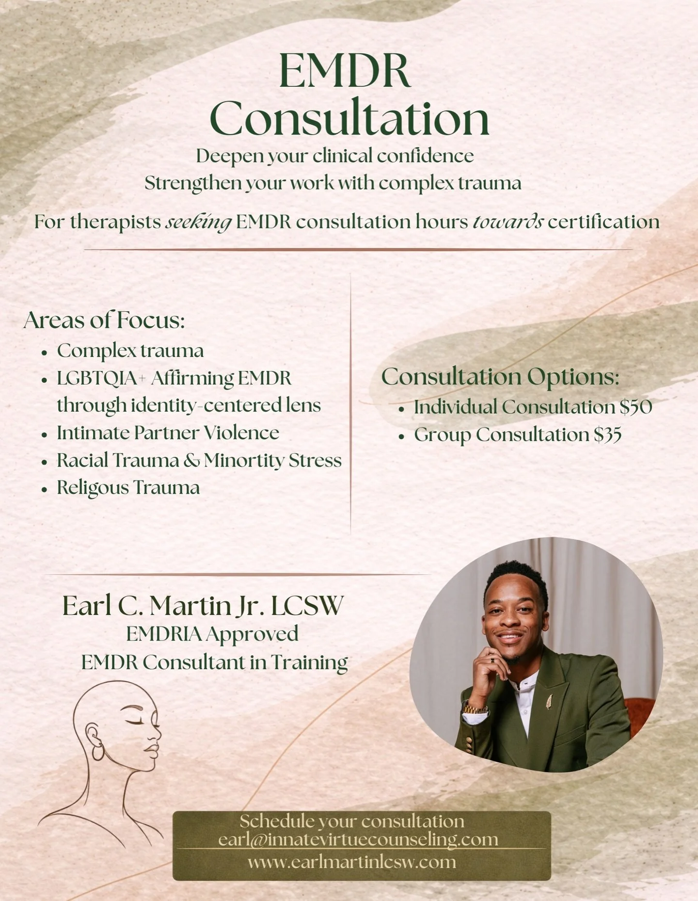 ✨ Now offering EMDR Consultation ✨
Are you working toward EMDR certification? As an EMDRIA Approved Consultant-in-Training (CIT), I provide structured consultation hours rooted in case conceptualization, fidelity to protocol, and intersectional aware