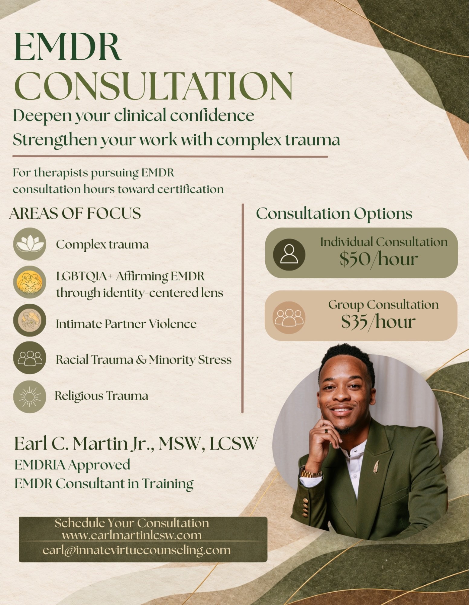 ✨ EMDR Consultation ✨
Are you working toward EMDR certification? As an EMDRIA Approved Consultant-in-Training (CIT), I provide structured consultation hours rooted in case conceptualization, fidelity to protocol, and intersectional awareness.

Let&rs
