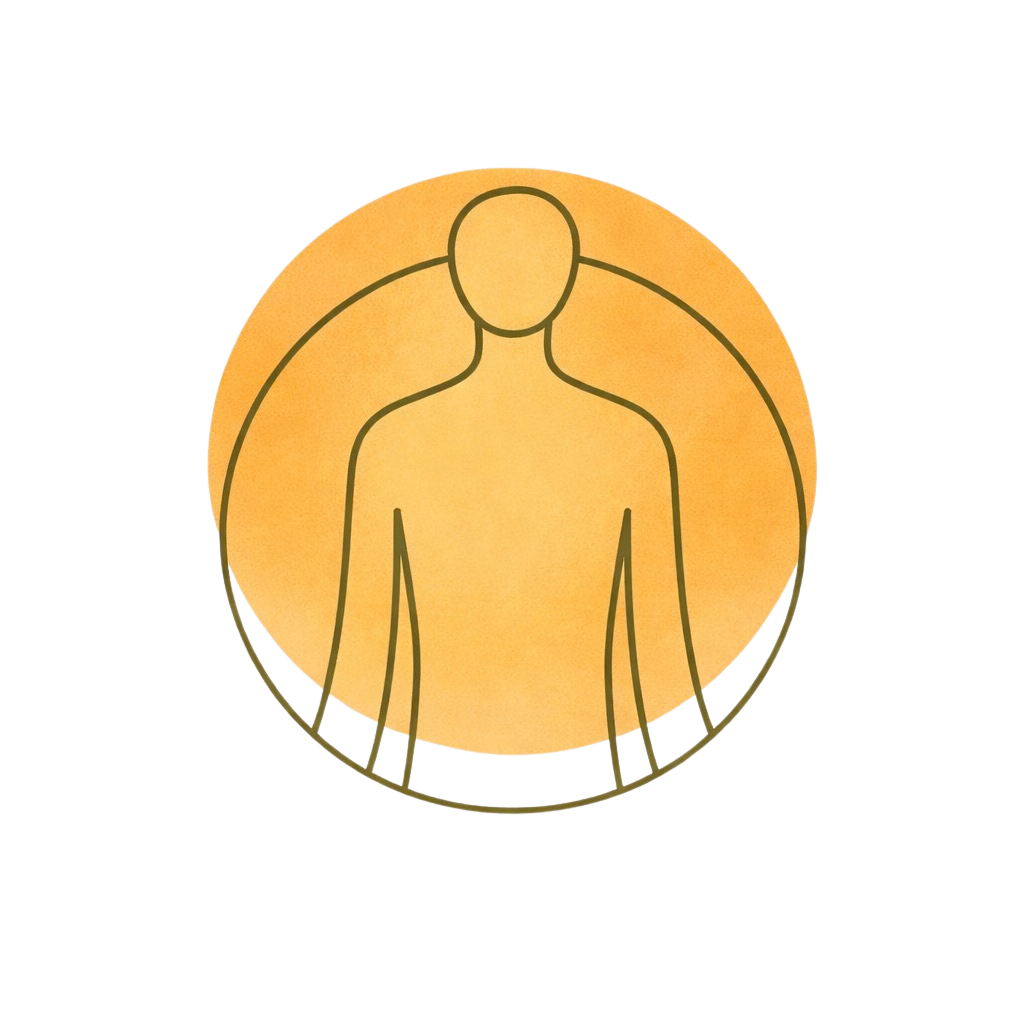 Illustration of a human figure with a background of a large orange circle and a black outline of the head and shoulders.