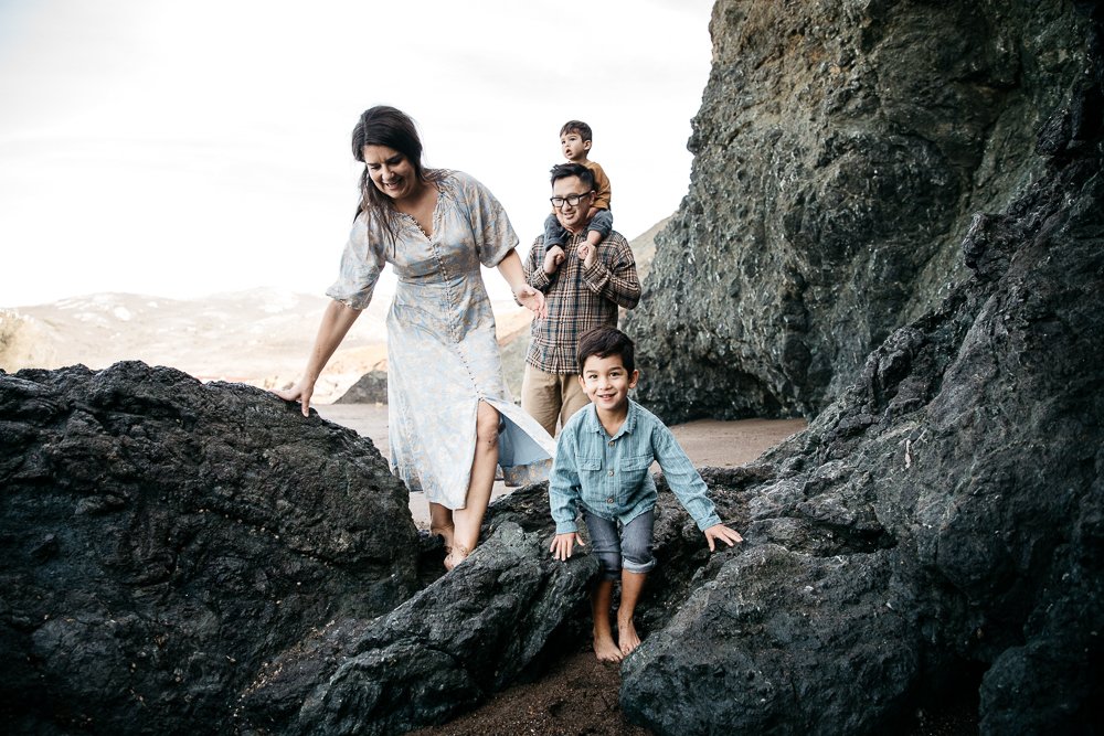 family photography session for family of four at Rodeo Beach, Ma