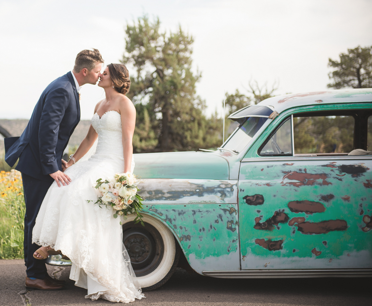 Bride and Groom Old Car