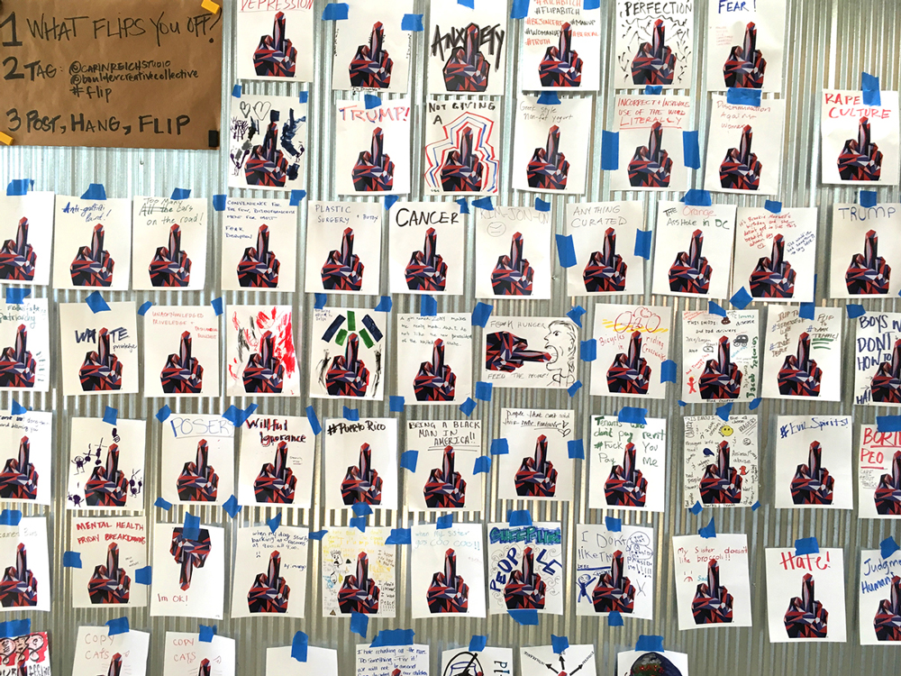 As participants mounted their “F-U” on a wall, it quickly filled with everyone’s individual piece, generating a wall of community expression. Boulder Creative Collective, Fall 2017
