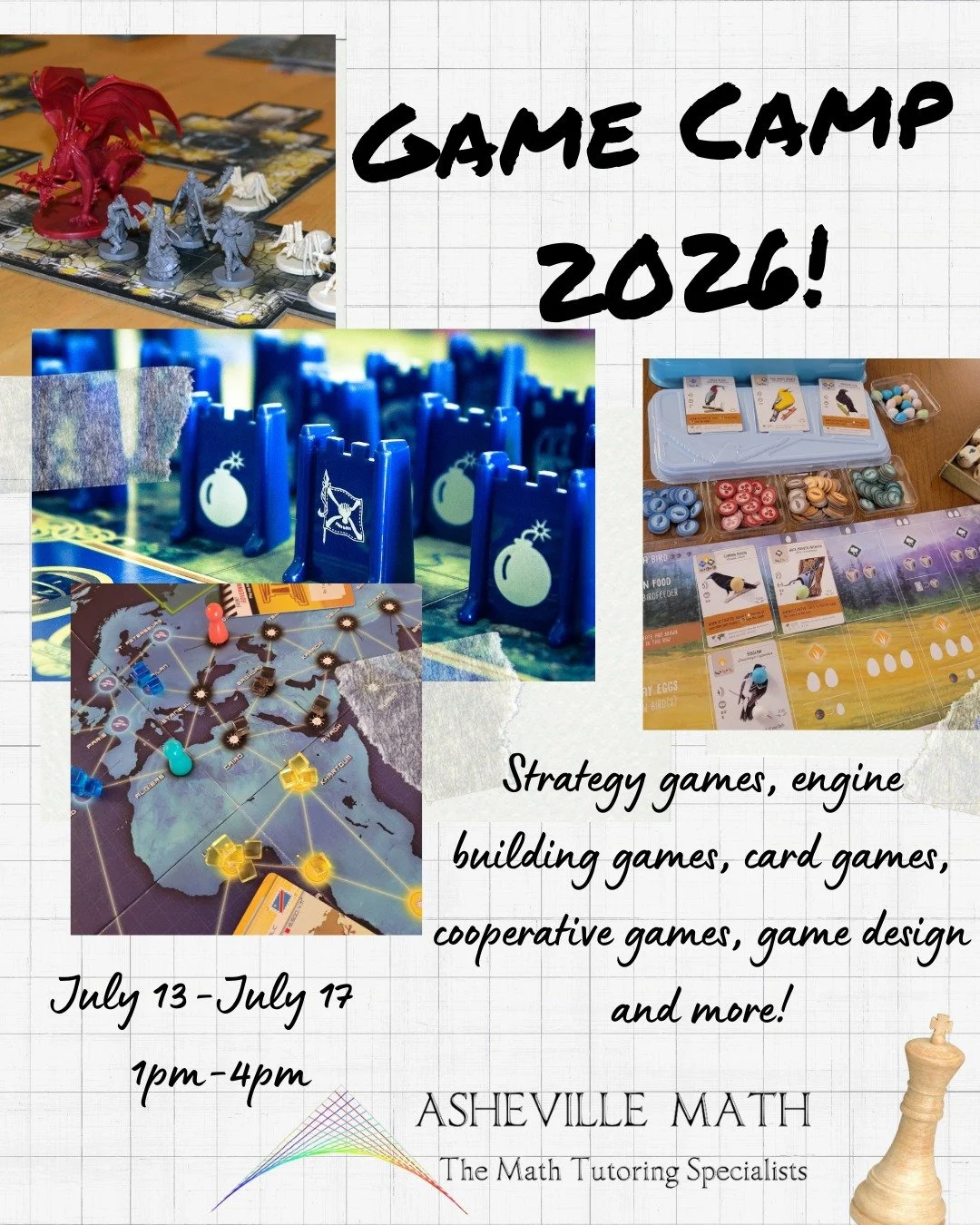 If you loved our game nights, you&rsquo;ll be blown away by our Game Camp! Each day we will focus on a type of game - Strategy games like Risk, Chess and Stratego; Cooperative games like Pandemic, Codenames and Mysterium, Card games like spades, rumm