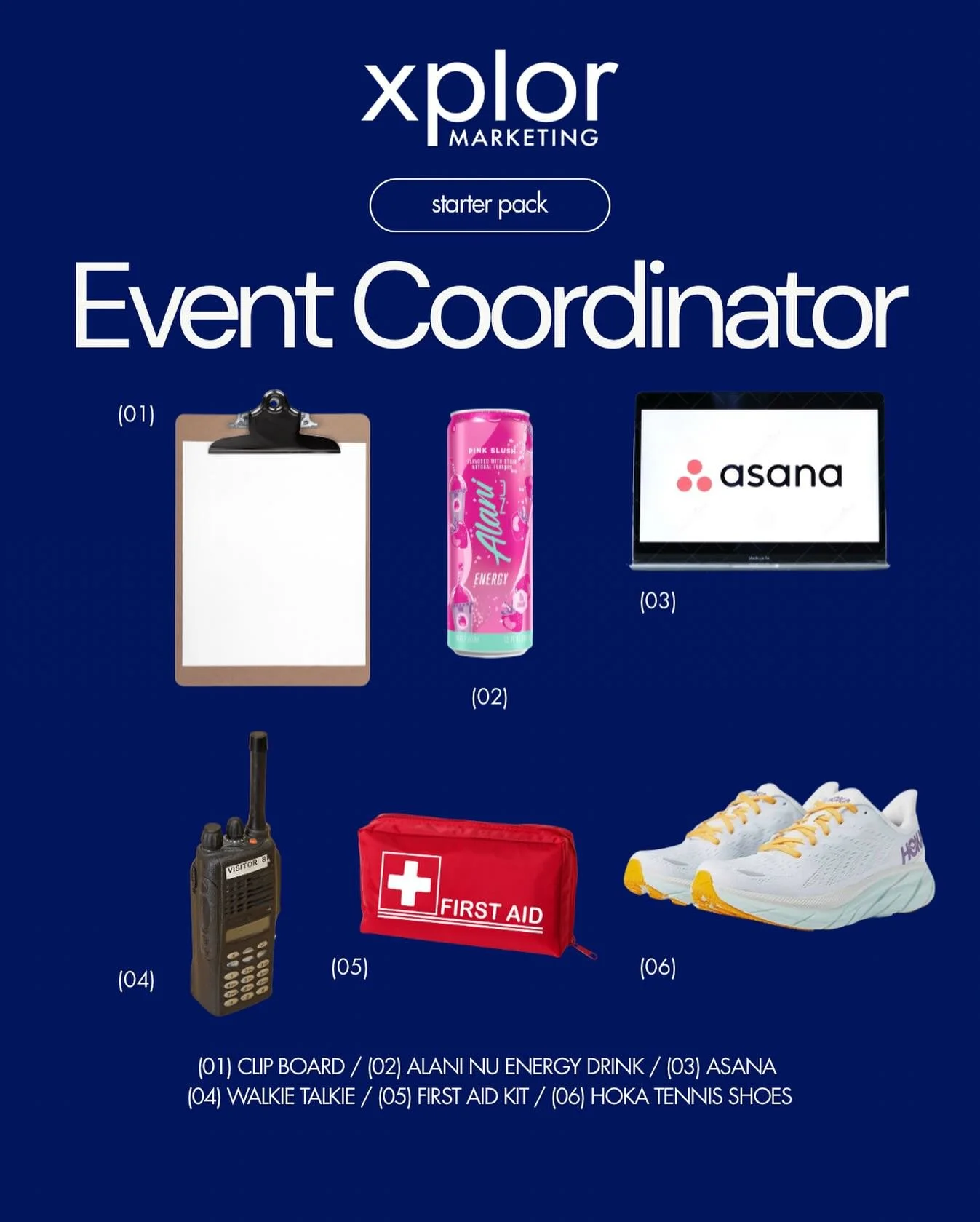 This is our event coordinator starter pack, complete with essentials like first aid kits and Alani Nu to keep energy high and everything running smoothly. Which item is most important to you?

#alleyesonyou #consulting #eventmarketing #marketing #stl