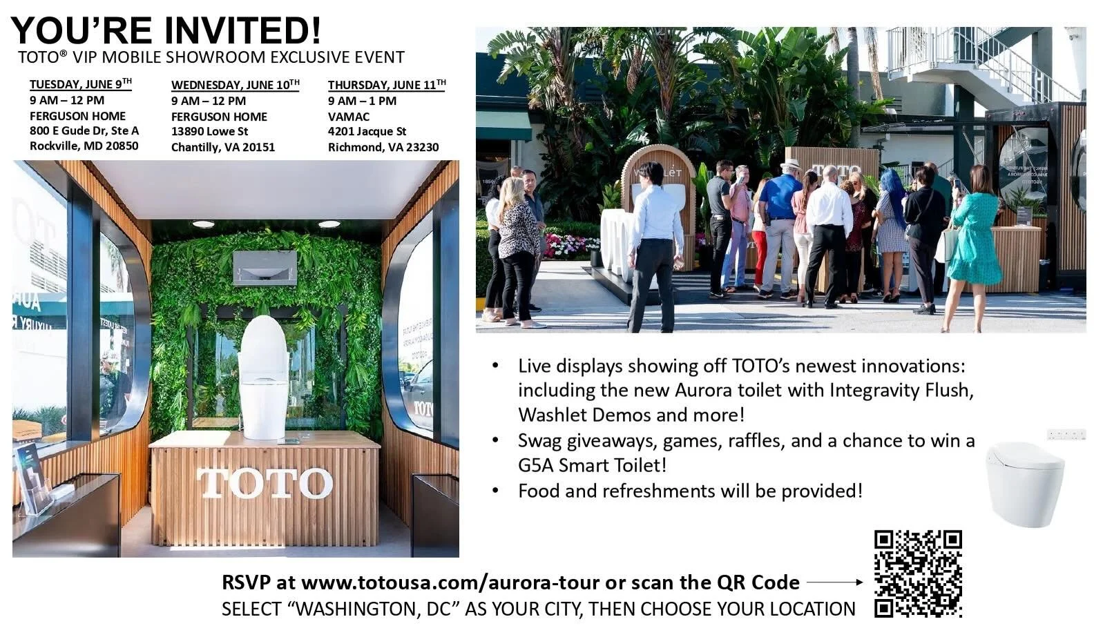 We&rsquo;re just one week away from the TOTO USA VIP Mobile Showroom Tour rolling into our market! 🗣️ 🛻 🚽 

RSVP today for an exclusive opportunity to experience the new Aurora WASHLET+ firsthand and explore its next-generation INTEGRAVITY SYSTEM&