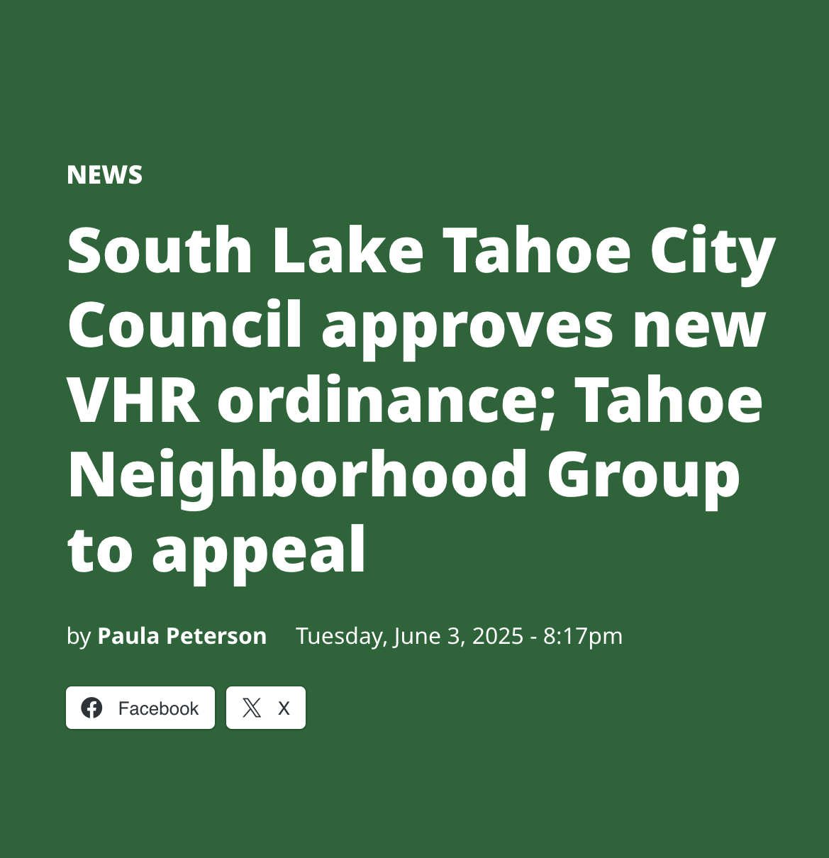 South Lake Tahoe City Council approves new VHR ordinance; Tahoe Neighborhood Group to appeal