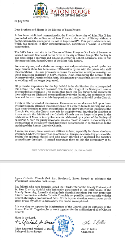 Bishop Duca's Statement Regarding the SSPX