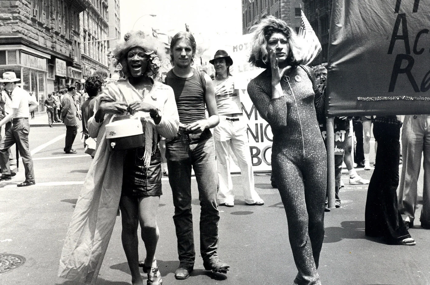 Marsha P. Johnson and Sylvia Rivera of the Street Transvestite Action Revolutionaries (S.T.A.R) at the Christopher Street Liberation Day, Gay Pride Parade, NYC (24 June 1973). Photographer Leonard Fink