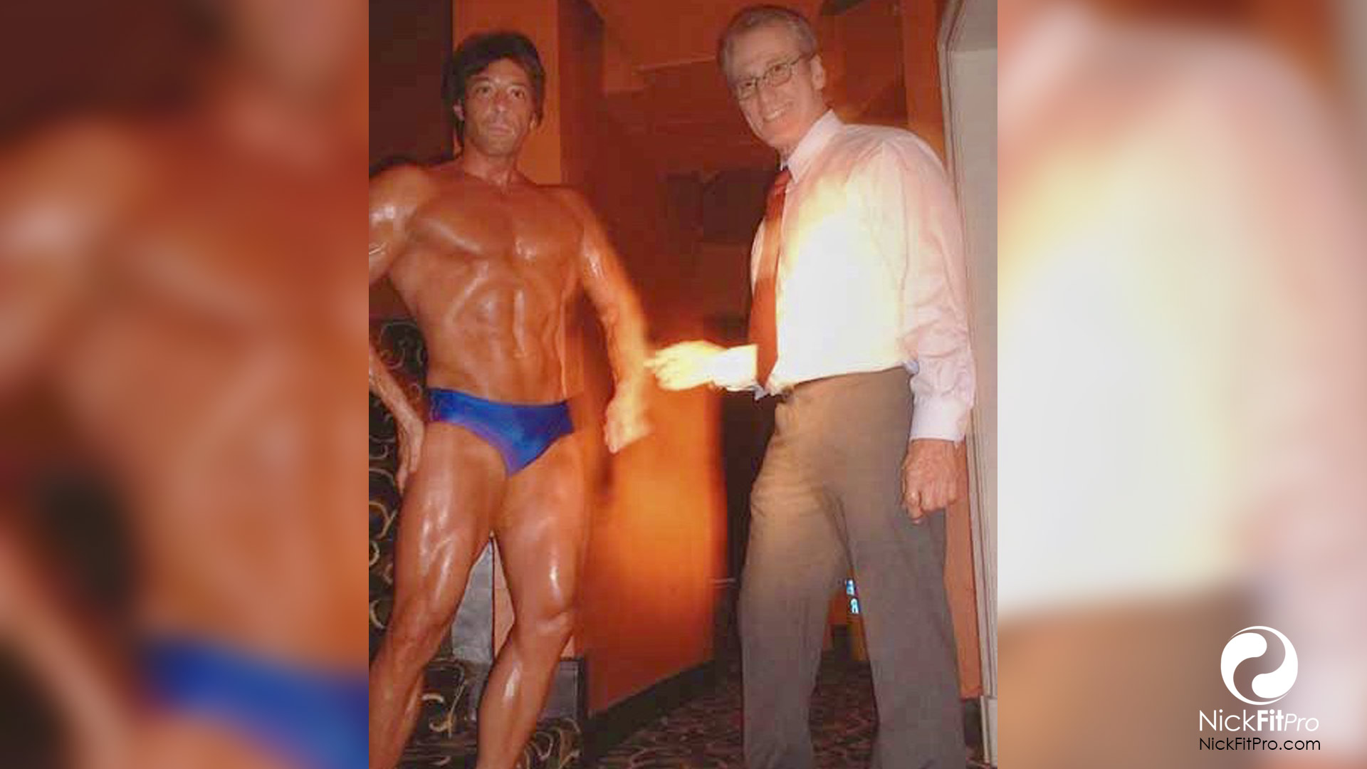 Nick portraying 3x Mr Olympia Frank Zane on set of film SEE ARNOLD RUN with Frank Zane himself!