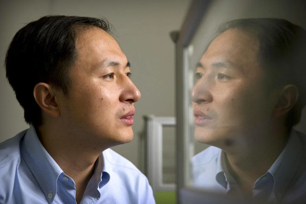 FILE - In this Oct. 10, 2018, file photo, He Jiankui is reflected in a glass panel as he works at a computer at a laboratory in Shenzhen in southern China's Guangdong province. A Chinese investigation says Chinese scientist He, behind the reported birth of two babies whose genes had been edited in hopes of making them resistant to the AIDS virus, acted on his own and will be punished for any violations of the law. AP Photo/Mark Schiefelbein, File