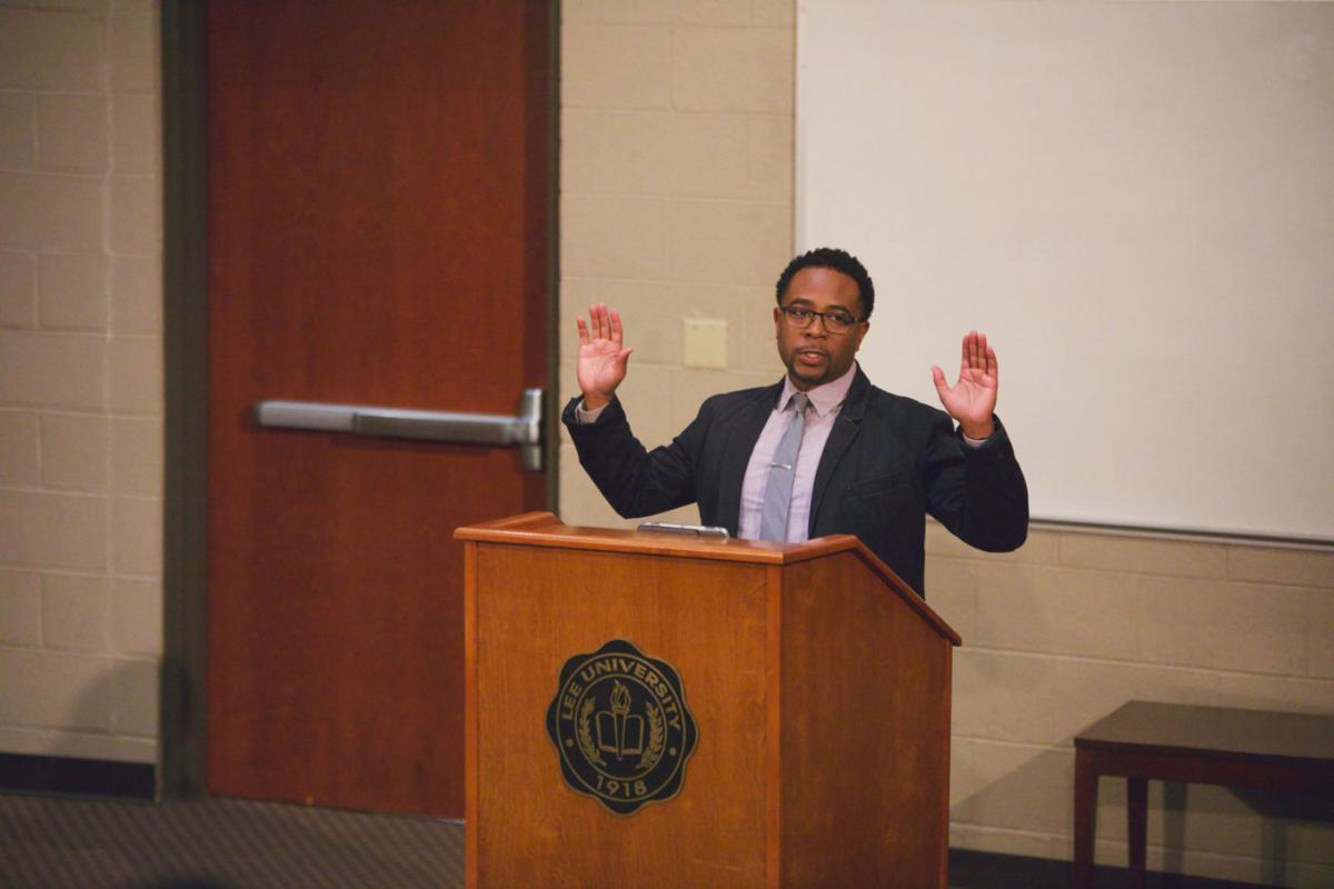 Jemar Tisby speaks on the relationship between activism and history during a guest lecture at Lee University. Photo by John David Clark, Photography Editor