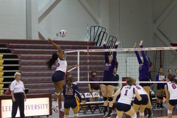 Senior Latrice Johnson spikes a shot against Kentucky Wesleyan CollegePhoto by Neethu Athimattathil