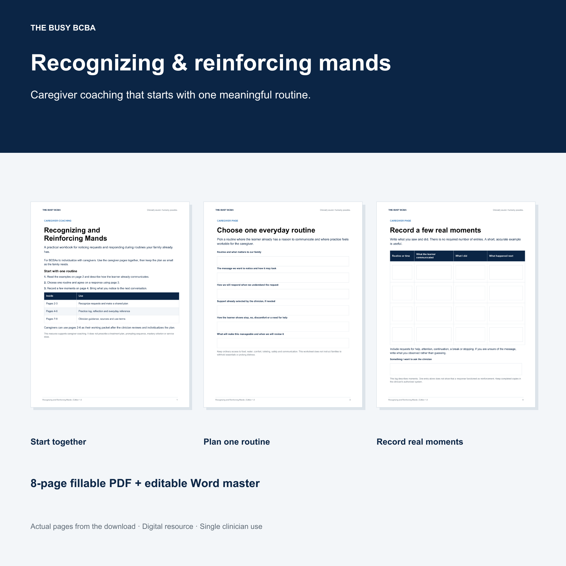 Three actual workbook pages showing the cover, individualized routine plan and observation log.