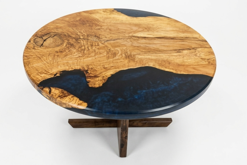 Round Nakashima style spalted maple epoxy table