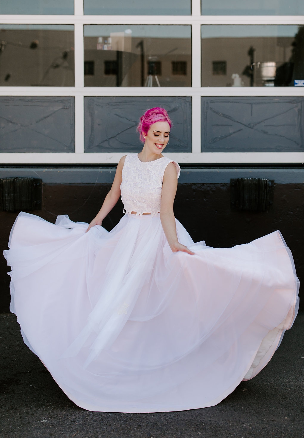  Custom 2 piece wedding dress. Multi-layer/tiered circle skirt with crop lace top - blush satin and tulle 