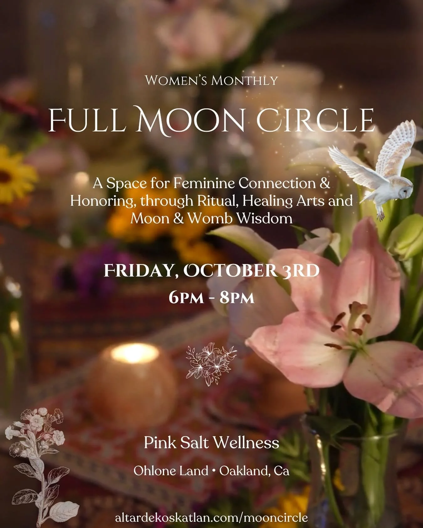 Upcoming Full Moon Circle 🌕🍁

Feeling grateful to be gathering soon, as we honor the Aries Full Moon and Mabon &mdash; the Autumn Equinox.

Join us for an evening of Feminine Connection, honoring this rich and ripe Season of Harvest, and the entran