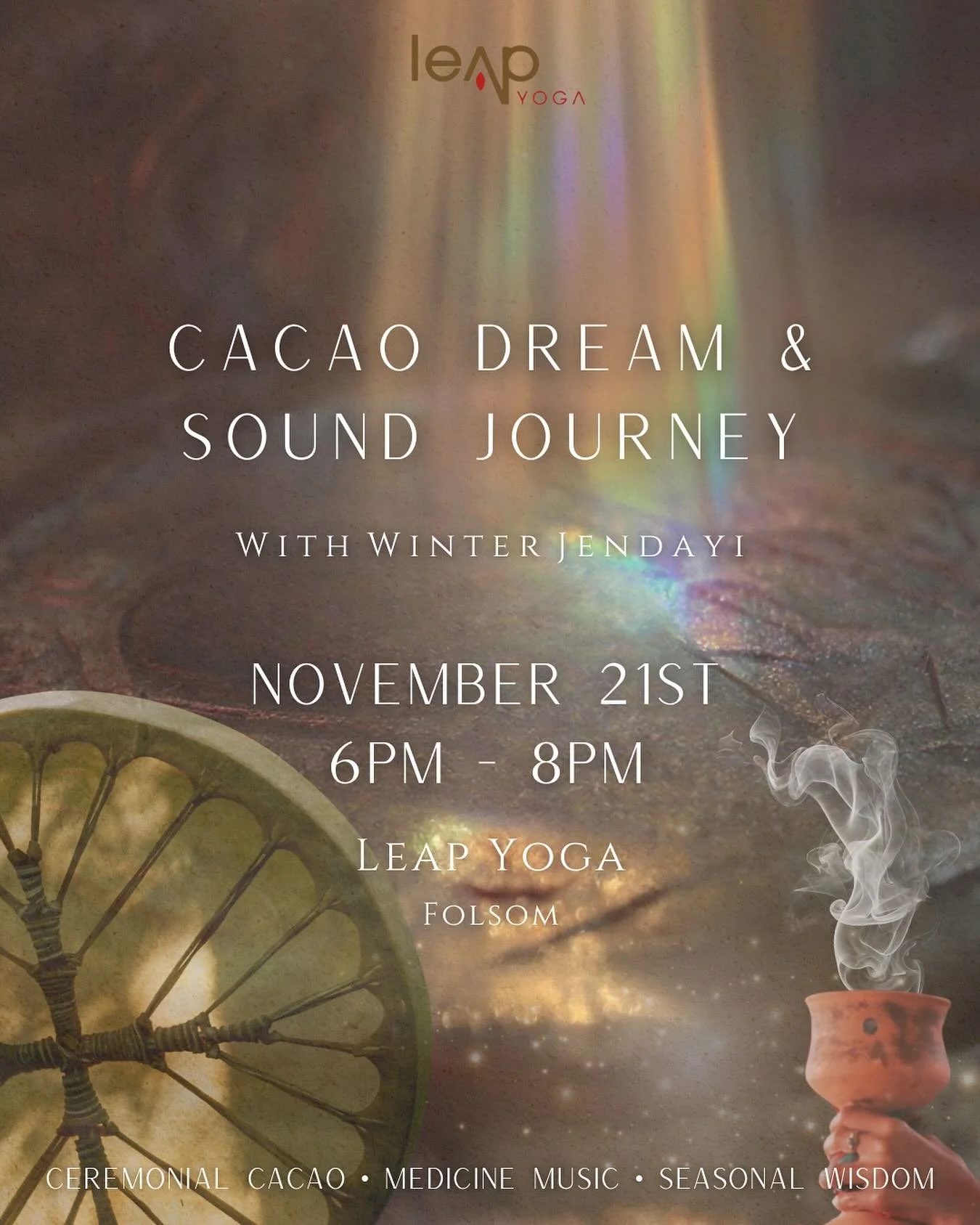 Cacao Dream + Sound Journey 🌀 

As the Winter slowly arrives and my offerings wane, I am grateful to share an upcoming in-person offering for those in the Sacramento area. 

Join me for a mystical journey as we dive within the depths of Self. It is 