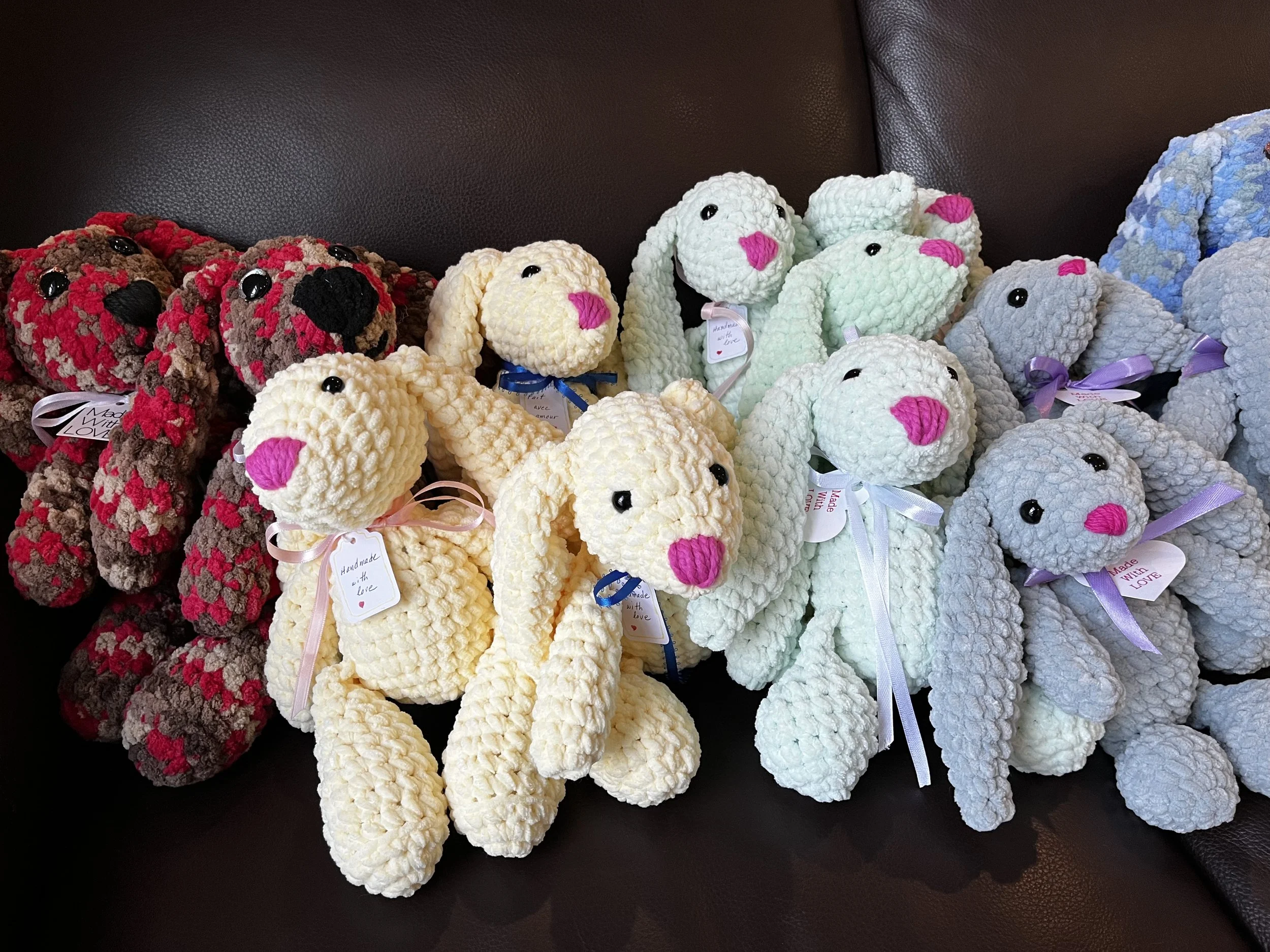 Colourful crochet bunnies for parents who experience miscarriage, stillbirth, infant loss, sids, etc.