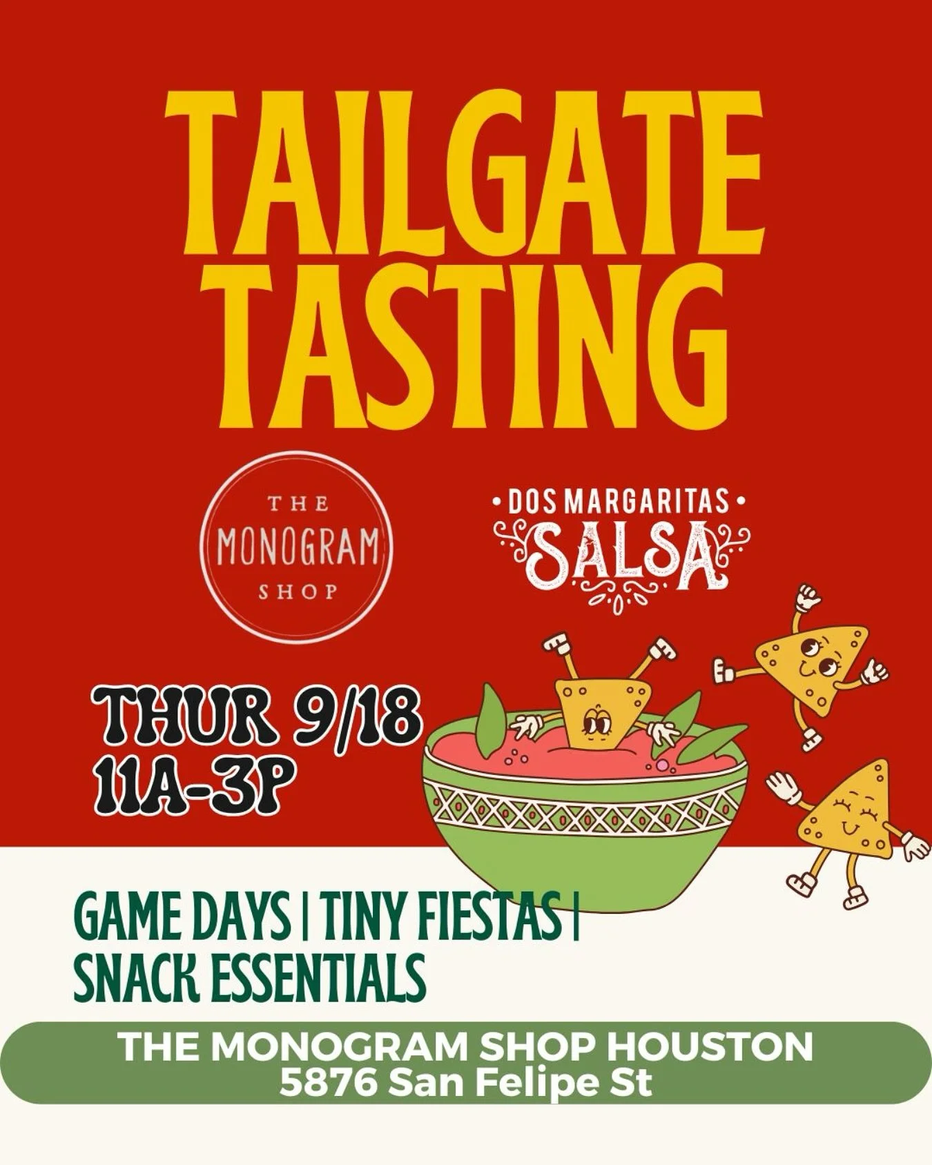 ✨ Tailgate, but make it fabulous. ✨ This Thursday, Sept 18th we&rsquo;re at The Monogram Shop with our award-winning salsa + corn dip&mdash;your must-have tailgate essentials. 🥑🌽 You&rsquo;ll also snack + sip on all the game day favorites: 🧀 Tommy