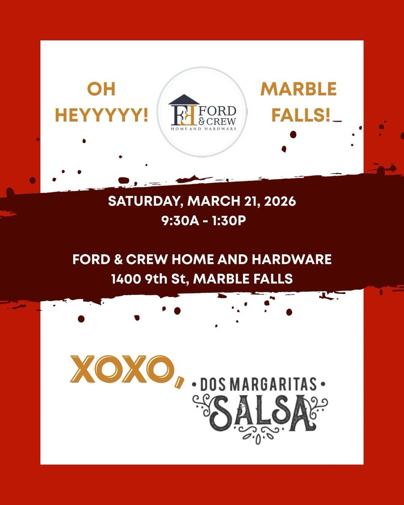 OH HEYYYYY Marble Falls 💛  We&rsquo;re popping up this Saturday at Ford &amp; Crew Home &amp; Hardware &mdash; your one-stop shop for getting life together for spring.
Come grab what you need to freshen up the yard, tackle that garden project you&rs
